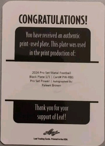 RALEEK BROWN 2024 Leaf Pro Set Metal Power RC AUTO PRINTING PLATE SP 1/1 ASU USC