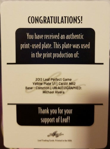 MICHAEL RIVERA 2013 Leaf Perfect Game Rookie PRINTING PLATE SP #1/1 of 1 USA RC
