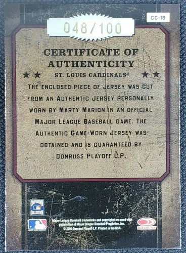 MARTY MARION 2004 Donruss Classics GAME USED WORN JERSEY Relic SP /100 Cardinals