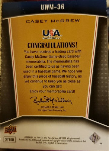 Casey McGrew 2009 Upper Deck Team USA Winning Materials Dual Game Used Jersey SP