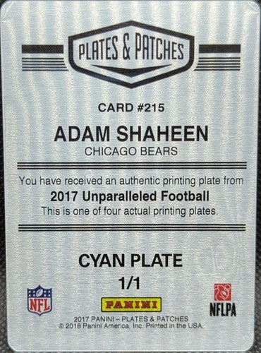 ADAM SHAHEEN 2017 Panini Unparalleled PRINTING PLATE #1/1 Bears Dolphins One of