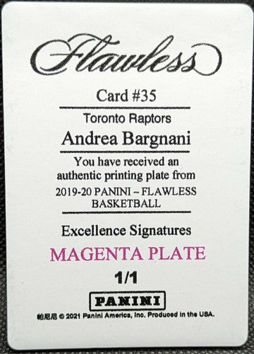 ANDREA BARGNANI 2019-20 Panini Flawless PRINTING PLATE SP #1/1 Raptors 35 One of