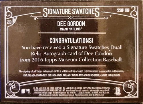 DEE Strange-GORDON 2016 Topps Museum Signature Swatches DUAL Jersey AUTO Marlins