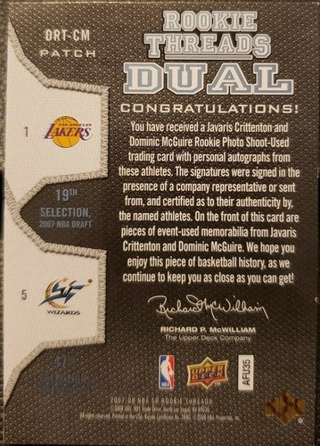 Javaris CRITTENTON Dominic McGUIRE 2007-08 SP Rookie Threads Dual AUTO PATCH /15