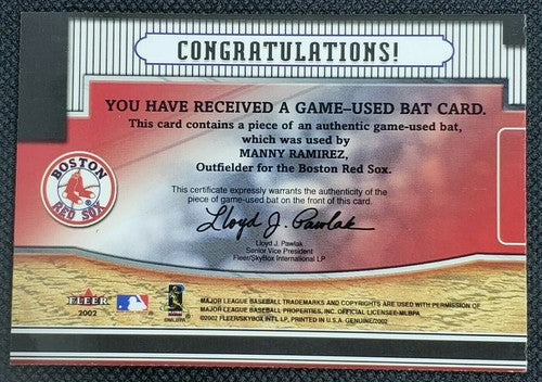 MANNY RAMIREZ 2002 Fleer Genuine Bat's Incredible GAME USED BAT RELIC SP Red Sox