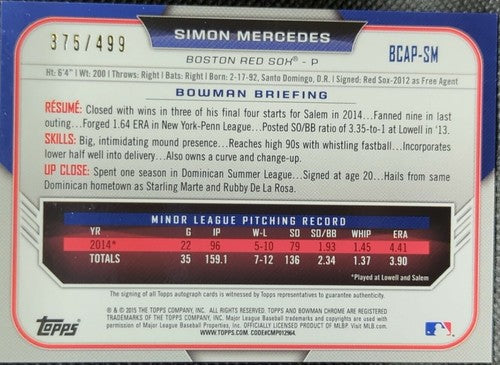 ð´ SIMON MERCEDES 2015 Topps Bowman Chrome 1st RC Refractor AUTO SP /499 Red Sox