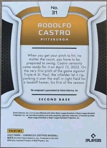 RODOLFO CASTRO 2022 Panini Chronicles Certified AUTO GOLD #1/10 Pirates Phillies