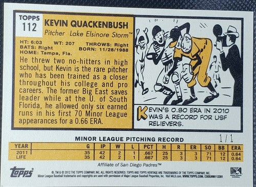 KEVIN QUACKENBUSH 2012 Topps Heritage Minor League RC BLUE SP #1/1 Padres Storm