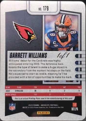 GARRETT WILLIAMS 2023 Panini Absolute RC PRINTING PLATE #1/1 Cardinals Syracuse
