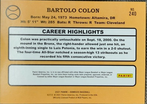 BARTOLO COLON 2021 Panini Donruss Number One Bordered Parallel #1/1 Cleveland of