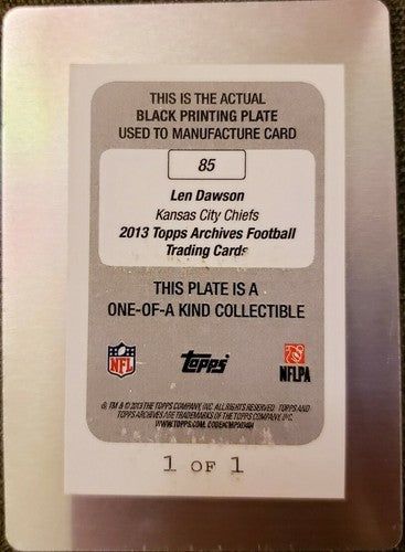 LEN DAWSON 2013 Topps Archives Black PRINTING PLATE #1/1 Chiefs Steelers Browns