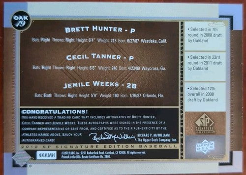 Jemile WEEKS Brett HUNTER Cecil TANNER 2012 SP Signature TRIPLE AUTO Oakland A's