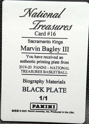 MARVIN BAGLEY III 2019-20 Panini National Treasures PRINTING PLATE SP #1/1 Kings