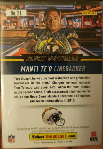 MANTI TE'O 2013 Panini National Convention Materials Chargers Logo Glove PATCH