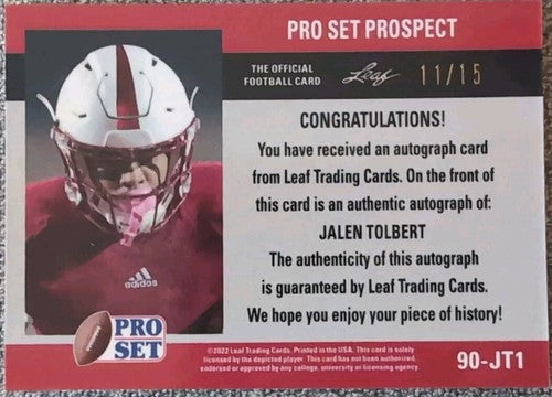 JALEN TOLBERT 2022 Leaf Pro Set 1990 Retro RC AUTO PURPLE MOJO SP #11/15 Cowboys