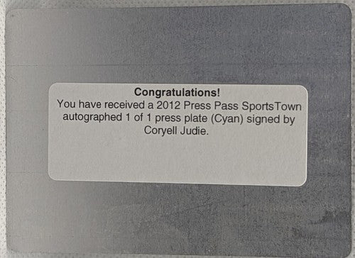 CORYELL JUDIE 2012 Press Pass SportsTown RC AUTO PRINTING PLATE #1/1 Broncos of