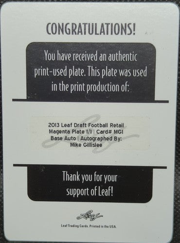 MIKE GILLISLEE 2013 Leaf Draft RC AUTO PRINTING PLATE SP #1/1 Dolphins One of