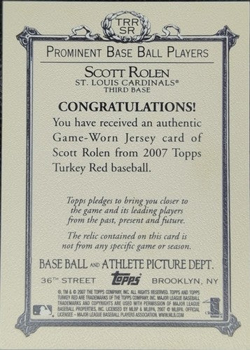 ð SCOTT ROLEN 2007 Topps Turkey Red Relics Game Used JERSEY Cardinals Phillies
