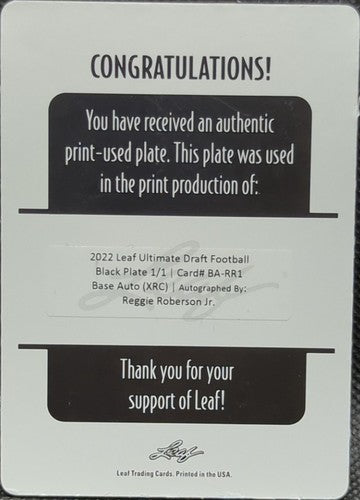 REGGIE ROBERSON JR. 2022 Leaf Ultimate Draft XRC AUTO PRINTING PLATE #1/1 Titans