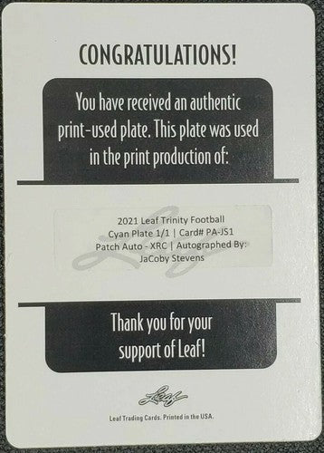 JaCOBY STEVENS 2021 Leaf Trinity XRC DUAL RC AUTO PRINTING PLATE SP #1/1 Eagles