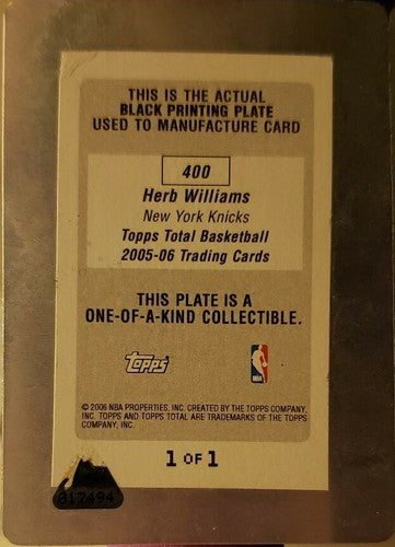 HERB WILLIAMS 2005-06 Topps Total Back Black PRINTING PLATE SP #1/1 of 1 Knicks