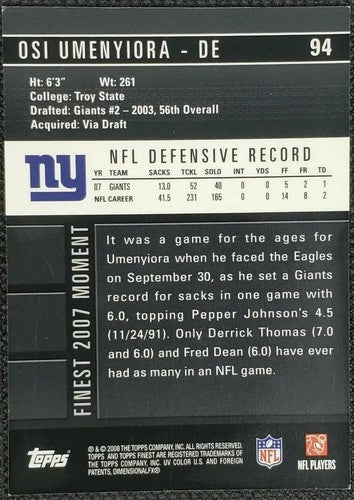 OSI UMENYIORA 2008 Topps Finest PRINTING PLATE SP #1/1 NY Giants Falcons One of