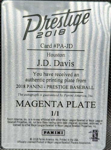 J. D. DAVIS 2018 Panini Prestige RC DUAL AUTO PRINTING PLATE #1/1 Astros Mets JD