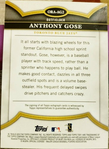 ANTHONY GOSE 2013 Topps Tier One Baseball On the Rise AUTO #/399 #AG2 Blue Jays