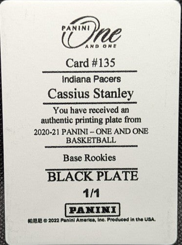 CASSIUS STANLEY 2020-21 Panini One and One RC PRINTING PLATE SP #1/1 Pacers of