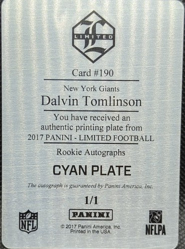 DALVIN TOMLINSON 2017 Panini Limited RC AUTO PRINTING PLATE SP 1/1 Giants One of