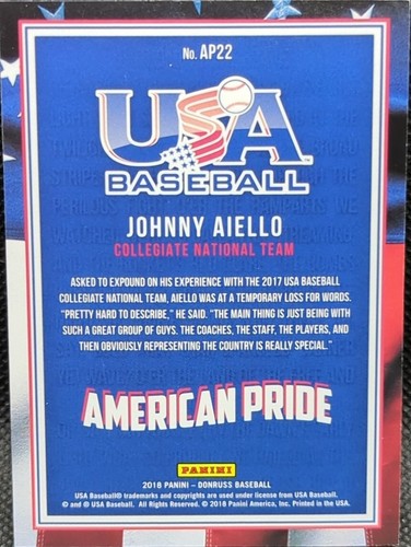 JOHNNY AIELLO 2018 Panini Donruss USA American Pride RC SP #1/1 Blue Jays One of