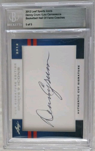 Denny CRUM Lou CARNESECCA 2012 Leaf Sports Icons DUAL Hall Of Fame CUT AUTO #5/5