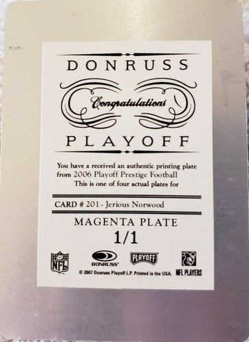 JERIOUS NORWOOD 2006 Playoff Prestige PRINTING PLATE SP #1/1 of 1 Falcons Error