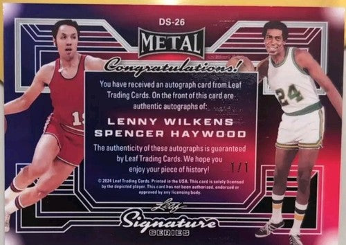 Spencer HAYWOOD Lenny WILKENS 2024 Leaf Metal Signature DUAL AUTO SP #1/1 Sonics