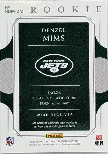 DENZEL MIMS 2020 National Treasures Jersey LOGO PATCH Gold SP #/10 Jets Steelers