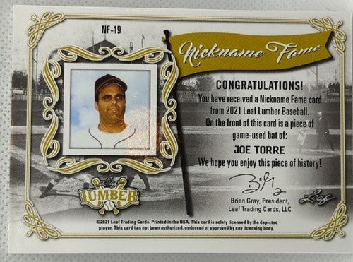 JOE TORRE 2021 Leaf Lumber Nickname GAME USED BAT PATCH SP #/9 Yankees Cardinals