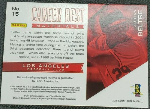 ADRIAN BELTRE 2015 Panini Elite Career Best Game Used Jersey PATCH #7/10 Dodgers