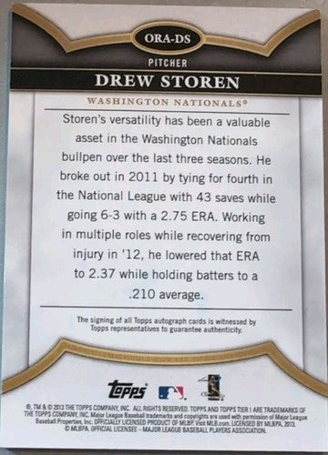 DREW STOREN 2013 Topps Tier One 1 On the Rise AUTO #/299 Nationals Mariners Reds