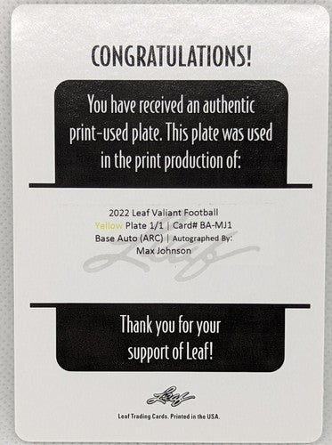 MAX JOHNSON 2022 Leaf Valiant RC AUTO PRINTING PLATE SP 1/1 LSU Texas A&M One of