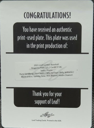 Ryne SANDBERG Kris BRYANT Andre DAWSON Sammy SOSA + 2021 PRINTING PLATE 1/1 Cubs