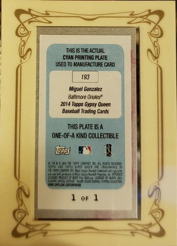 MIGUEL GONZALEZ 2014 Topps Gypsy Queen Mini PRINTING PLATE SP #1/1 of 1 Orioles