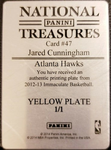 JARED CUNNINGHAM 2013-14 National Treasures PRINTING PLATE #1/1 Hawks Immaculate