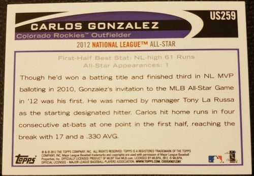 CARLOS GONZALEZ 2012 Topps Update SP All-Star Photo Variation Suit #259 Rockies