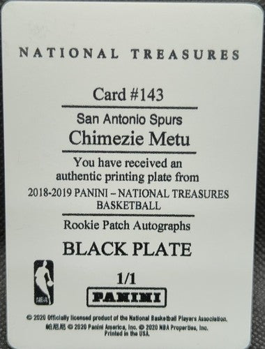 CHIMEZIE METU 2018-19 Panini National Treasures RC PRINTING PLATE #1/1 Spurs of