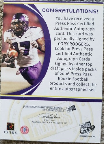 CORY RODGERS 2006 Press Pass Rookie AUTO SP "CoRo" Nickname Inscription Packers