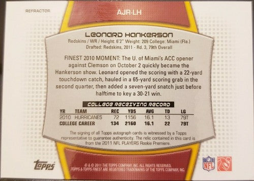 LEONARD HANKERSON 2011 Topps Finest Jumbo Relics Refractor Dual AUTO Jersey #/75