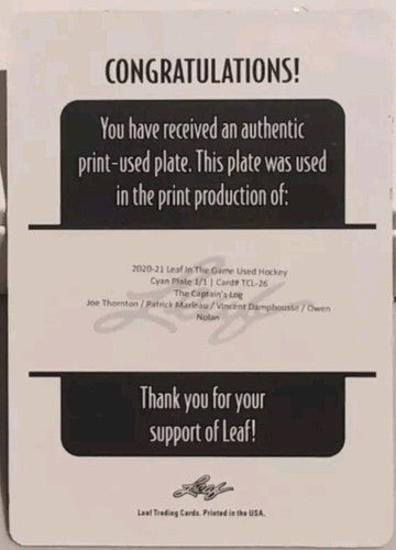 Joe THORNTON Patrick MARLEAU Owen NOLAN 2020-21 Hockey PRINTING PLATE 1/1 Sharks
