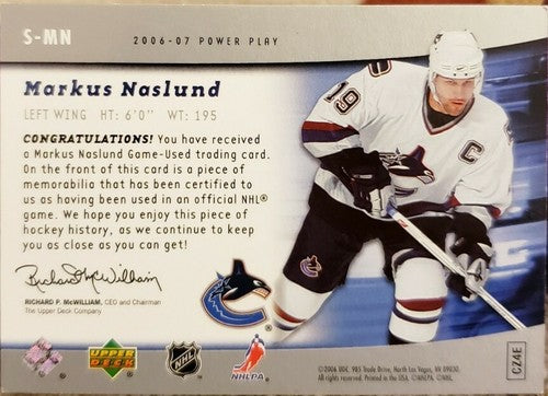 MARKUS NASLUND 2006-07 Upper Deck Power Play Game Used Worn Hockey Jersey Canuck