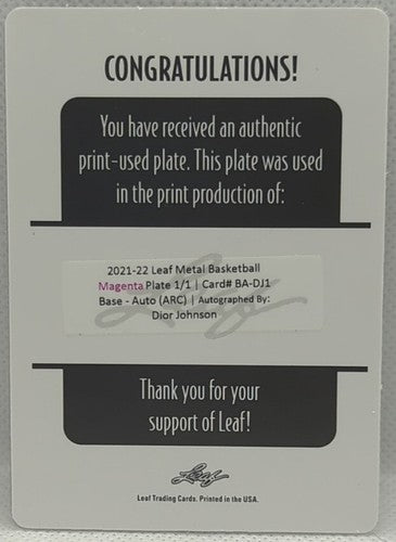 DIOR JOHNSON 2021-22 Leaf Metal RC AUTO PRINTING PLATE SP #1/1 PITT Panthers of