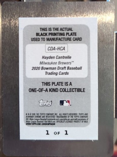 HAYDEN CANTRELLE 2020 Bowman Draft Chrome AUTO PRINTING PLATE #1/1 Brewers Cubs